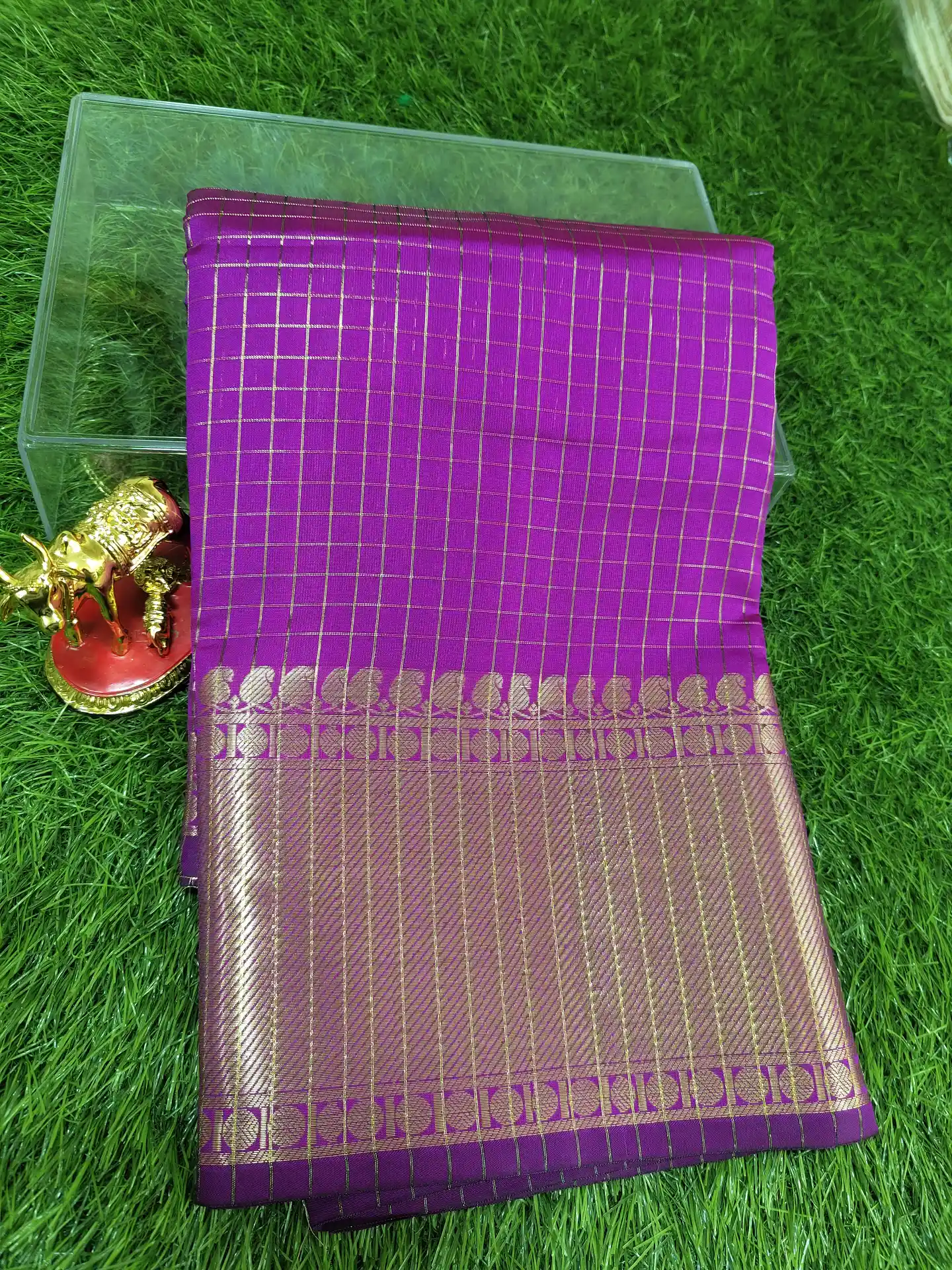 Magenta Purple Small Check Katan Silk Saree