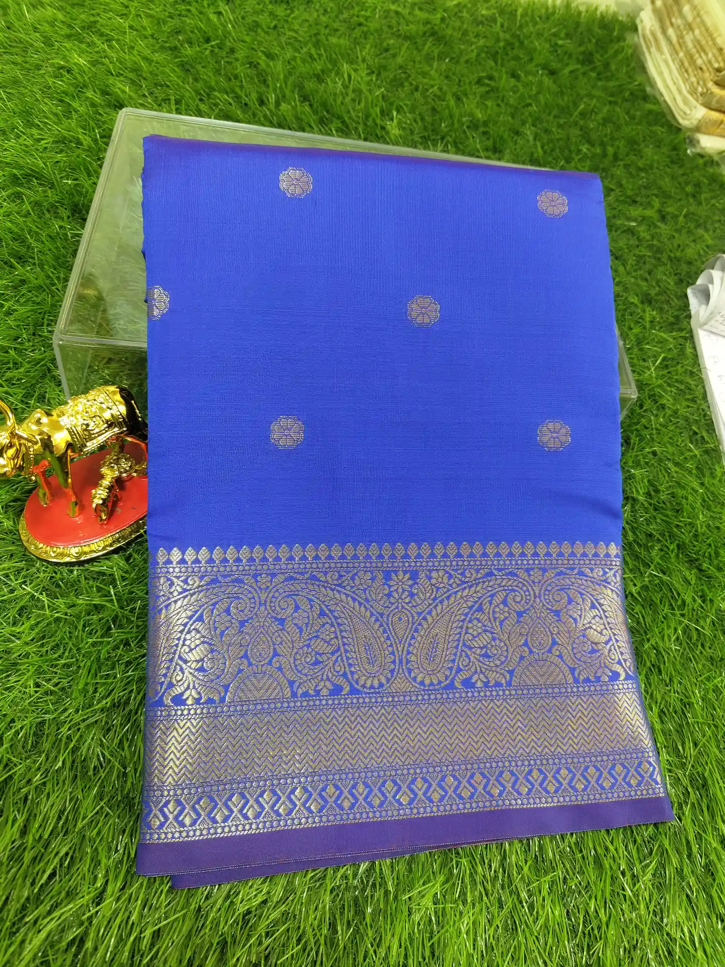Royal Blue Broad Border Paisley Katan Silk Saree