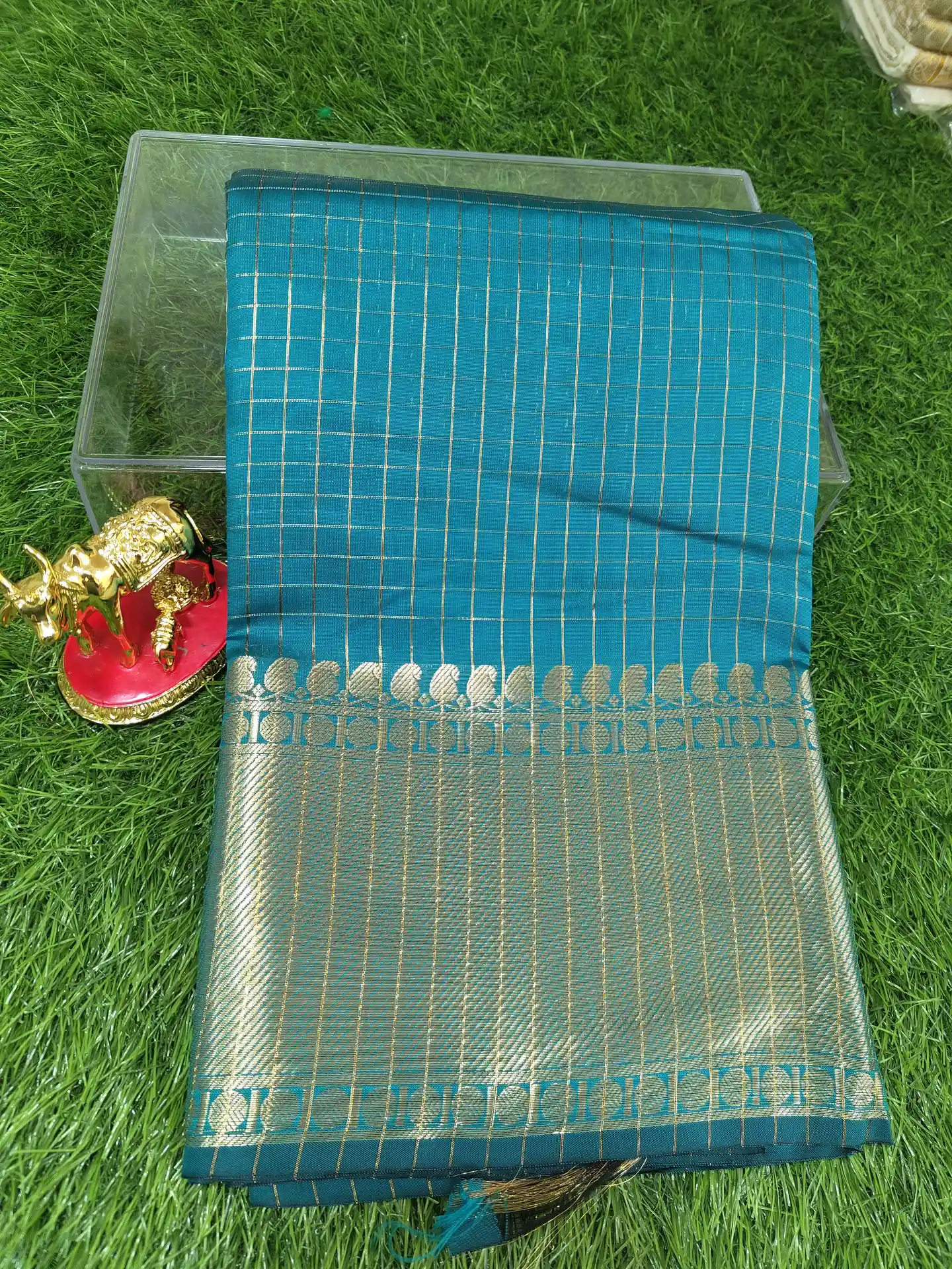 Dark Green Small Check Katan Silk Saree
